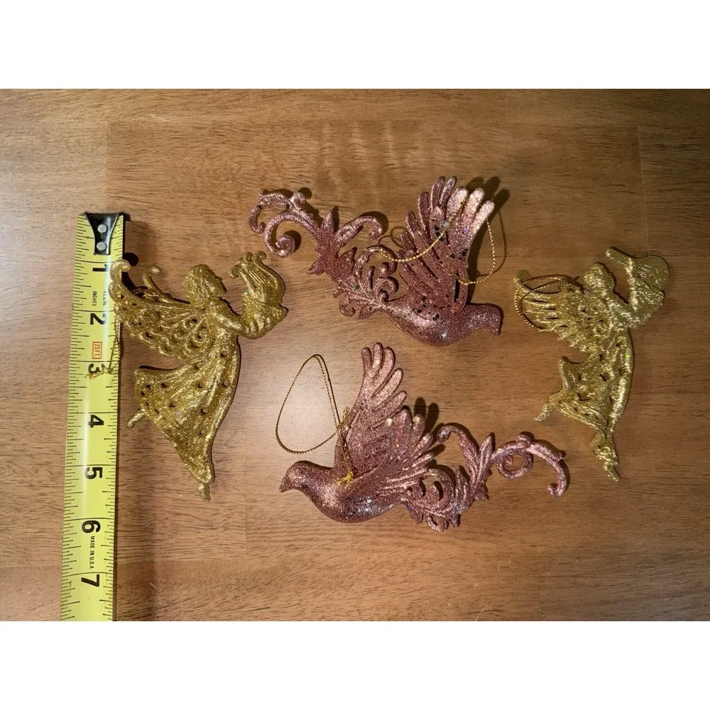 5pc Christmas Ornament Set Gold Angels Rose Gold Birds White Snowflake Glitter